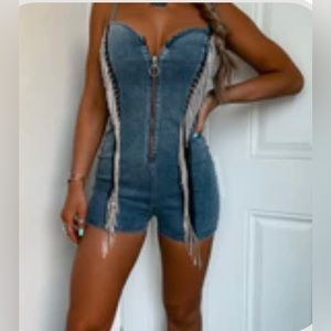 Denim Rhinestone Fringe Romper from The Punchy Blonde